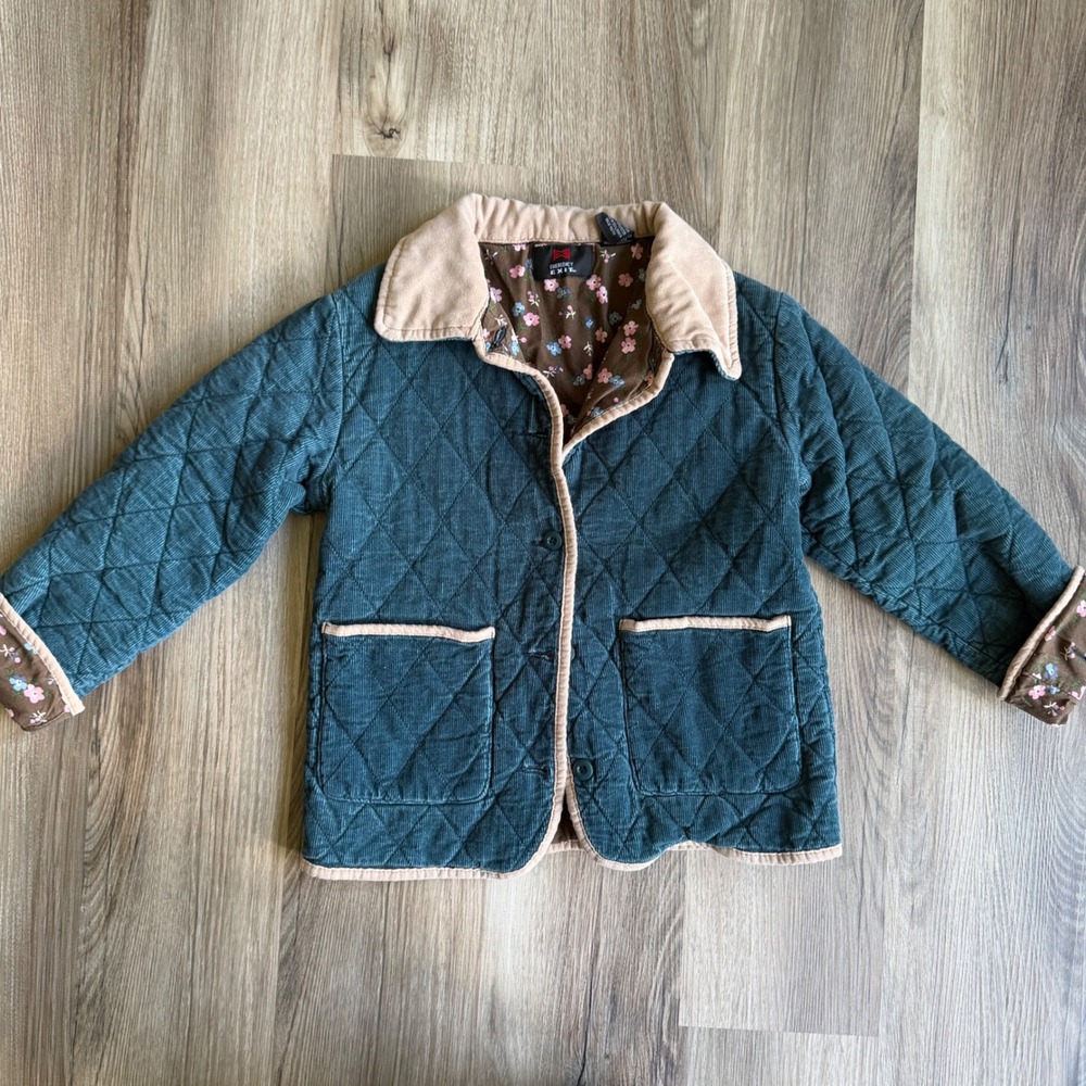 Vintage Kids Teal Blue Quilted Corduroy Floral Lined Jacket Coat Size‎ 7/8